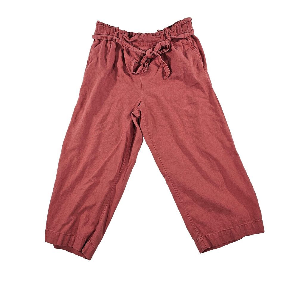 Dip Womens Paperbag Pants Straight Leg Tie Belt Waist Linen Blend Red Size 10
